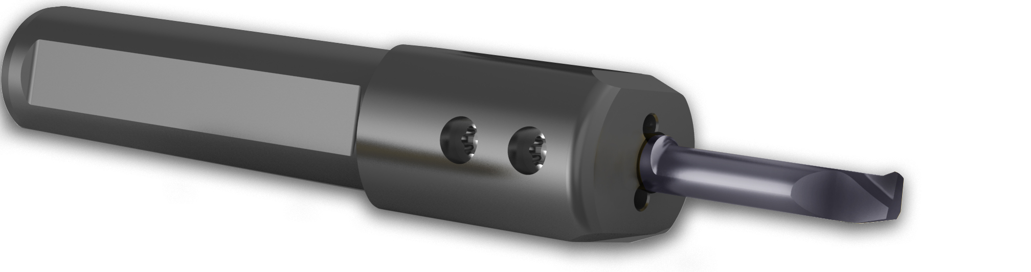 Guhring’s Series 25718 insert in a round shank, coolant fed holder. The GJ 106 geometry includes a wiper feature, which greatly improves surface finish, and the nano-A coating extends tool life.