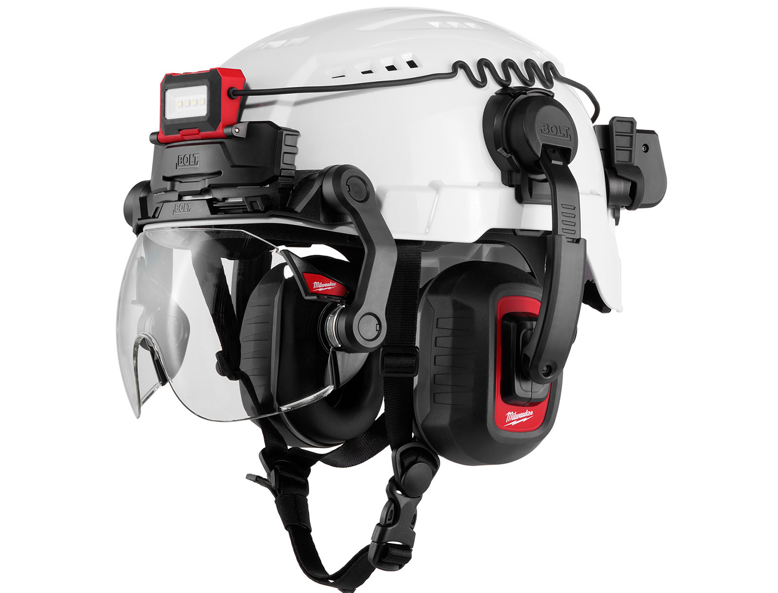 The Milwaukee BOLT™ System allows workers to secure a number of accessories to their safety helmets at once, including earmuffs, eye visors and headlamps. (Photo courtesy of Milwaukee Tool)