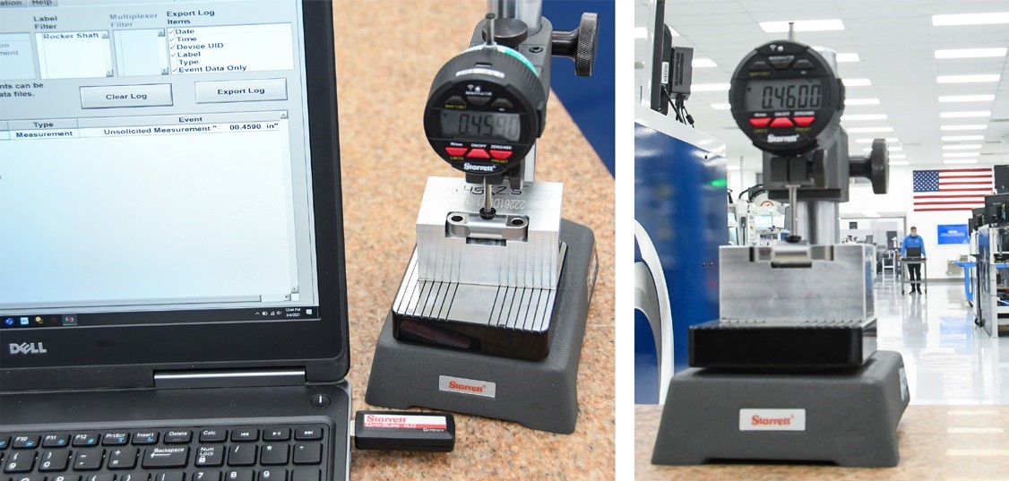 Rocker shaft measurement data from fixtured digital indicator stand is transmitted to laptop (left) or to inspector 200′ across the plant (right).