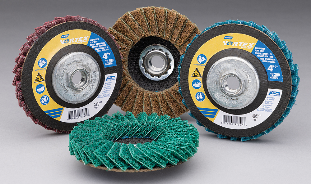 Vortex Rapid Prep flap discs are available in color-coded grits from coarse (brown) to medium (maroon), fine (green) and extra fine (blue). | Image courtesy of Norton