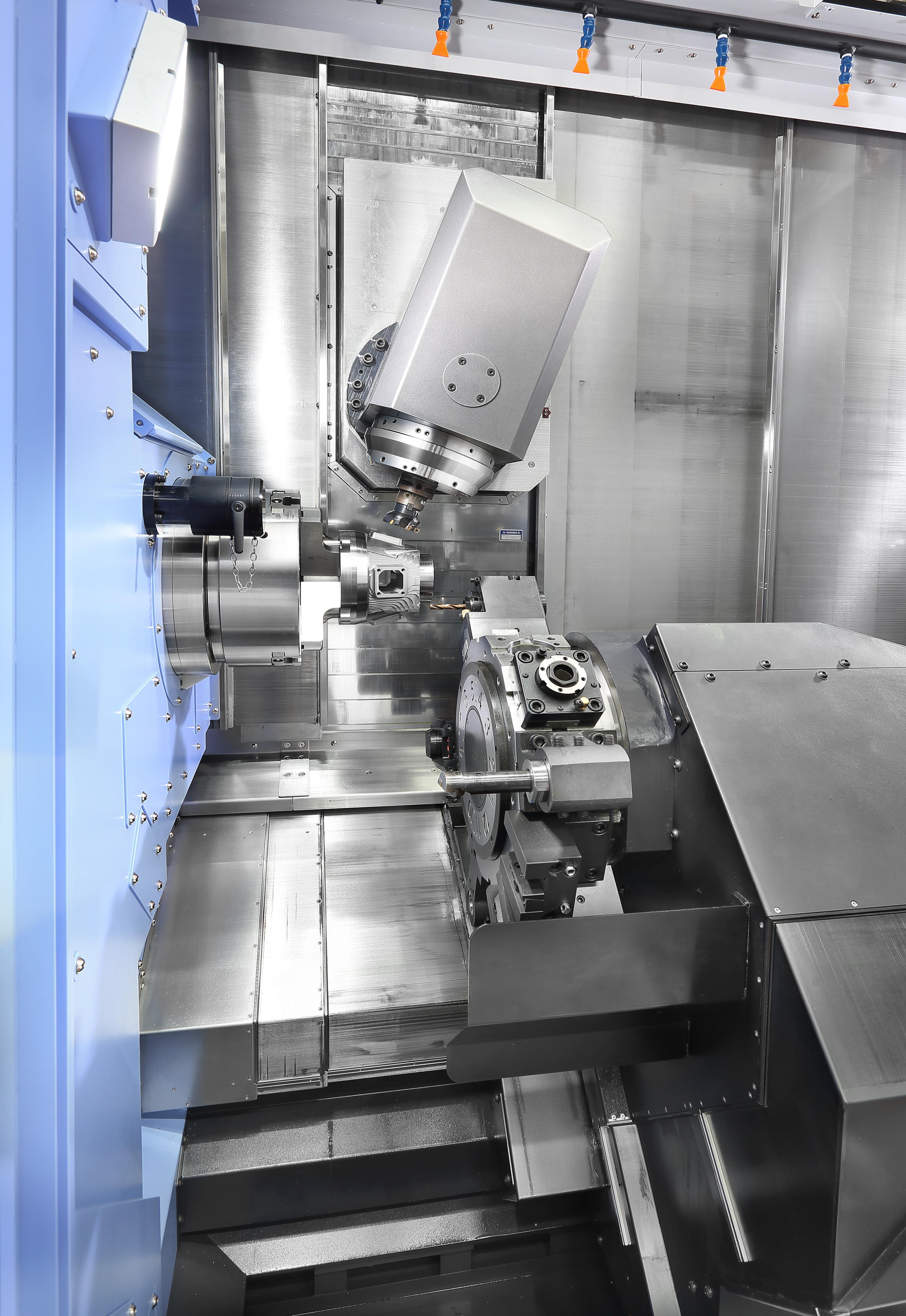 Doosan’s PUMA SMX2600ST multi-function mill turn center boasts nine axes, dual spindles and an ATC capacity of up to 120 tools. (Image courtesy of Doosan Machine Tools America)