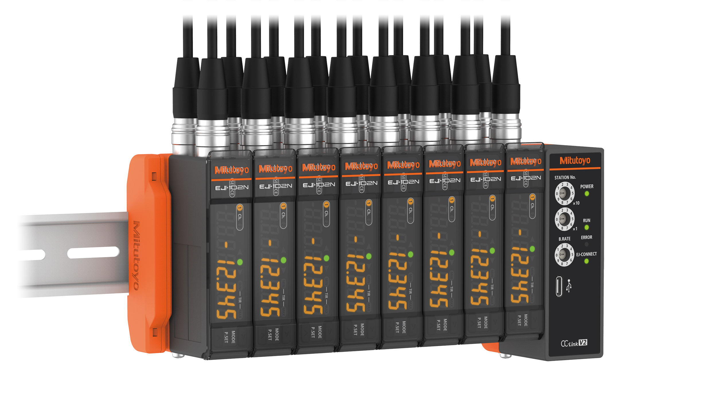 Up to eight EJ counters can be linked, providing the capacity to connect to 16 gages. (Image courtesy of Mitutoyo)