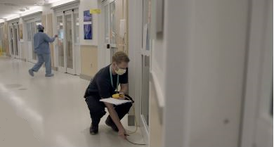 The 922 Airflow Meter from Fluke is used to measure the air flow of rooms holding COVID-19 patients at EvergreenHealth Medical Center in Kirkland, Wash.​​​​​​​