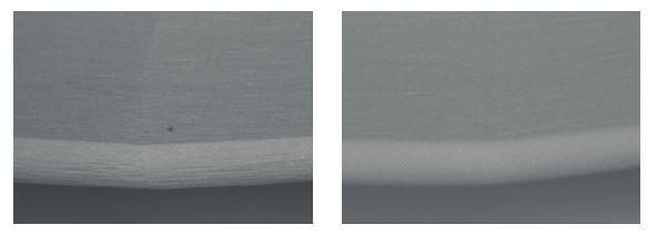 Finish of a conventional fluteless tap (left) versus finish of a Guhring Pionex fluteless tap.