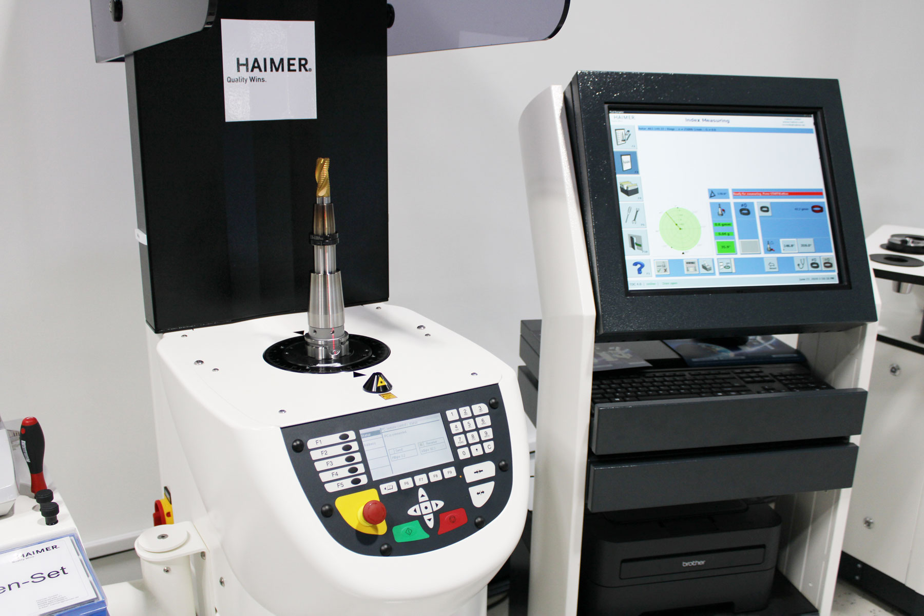 Haimer’s Tool Dynamic TD Comfort Plus Balancing Machine boasts a touch-screen interface and accessory storage and balances toolholders on one or two planes. (Photo courtesy of Haimer)