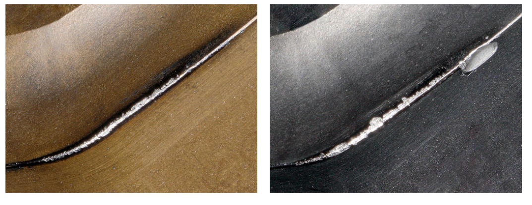 Flank wear comparison: KCK20B on the left and another grade on the right. 