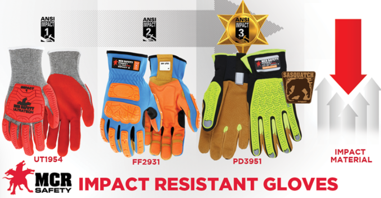 MCR Safety carries multiple Impact level 1, 2, and 3 work gloves.