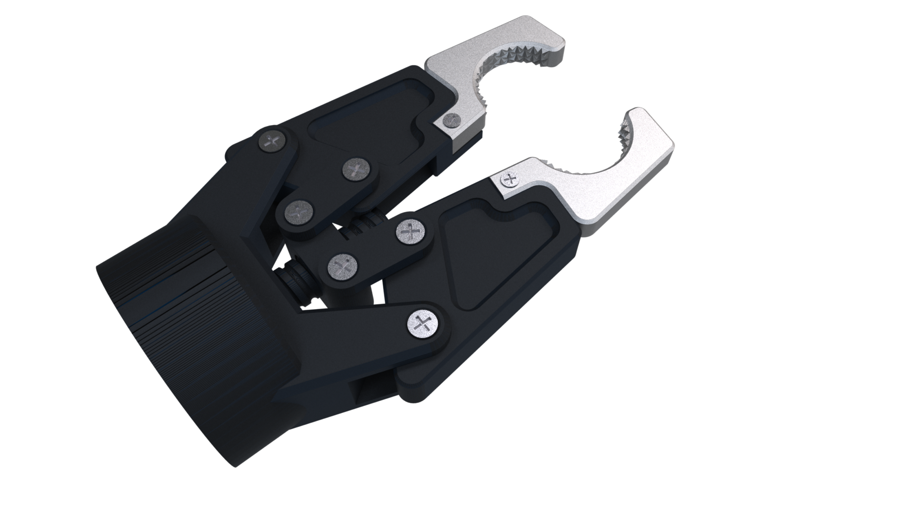 Each of the components in this robotic assembly—including the metal grippers—were printed on a MakerBot FFF system. Because soluble support structures were used, postprocessing effort was kept to a minimum. (Image courtesy of MakerBot)