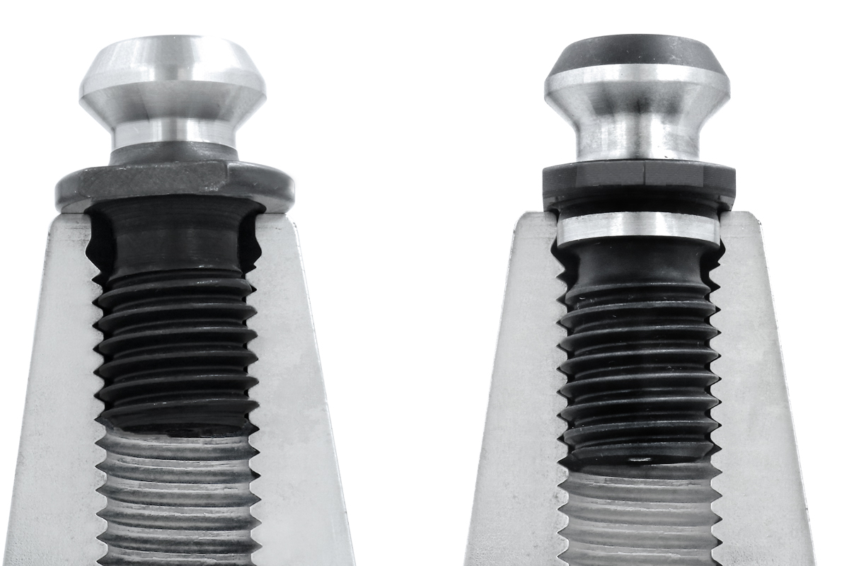 At right is a retention knob with a machined pilot and locating face. Note the greater surface contact compared with the one on the left. (Image courtesy of Techniks Tool Group)