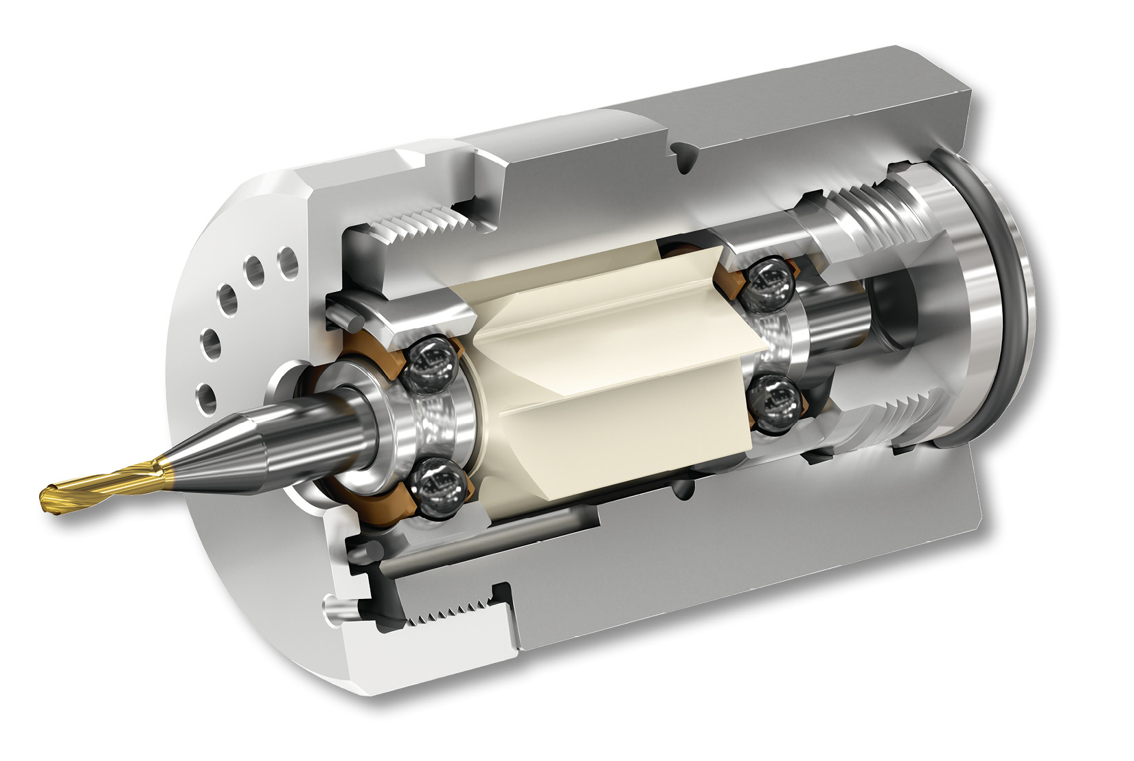 WTO’s new CoolSpeed mini is a turbine-driven, high-speed drilling and milling spindle that is said to cost a fraction of competing spindle systems. (Image courtesy of WTO USA)