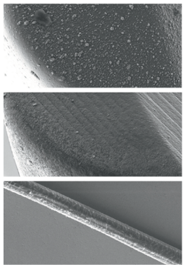 HIPIMS PVD process surfaces are extremely smooth. Top: Standard PVD process – increased droplet formation; Middle: HIPIMS PVD process (WNN10) – extremely smooth surface; Bottom: HIPIMS surface and structure of a hair for comparison.