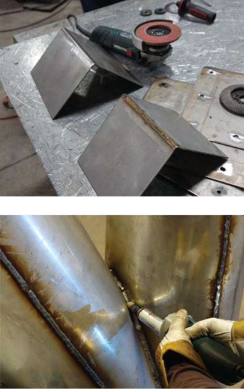 (Top) With the right technique, the finish you achieve on stainless steel will be smooth and consistent, as shown before and after. (Bottom) Using color-coded abrasive products can help you avoid cross-contamination when wheels and brushes look similar.